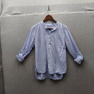 Talbots Womens Blue Textured Cotton Button-Front Blouse With Roll-Tab Sleeves Si